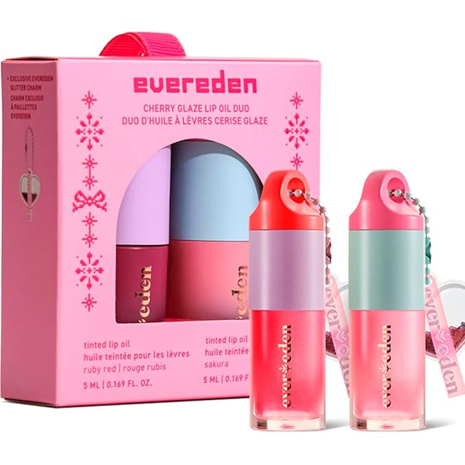Evereden Kids Tinted Non Toxic Lip Gloss Gift Set: Ruby Red & Sakura Pink, Non Toxic and Vegan Makeup for Kids - Hydrating Lip Gloss with Cherry, Peach, & Cranberry Oils - Gift Set with a Box