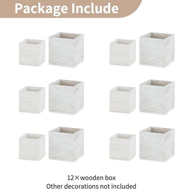 NUPTIO Small Wooden Box for Centerpiece, Whitewashed, Square, 4"/5", 12 Pcs | Farmhouse Wood Vases Planter, for Fall Decor, Windowsill, Home, Garden