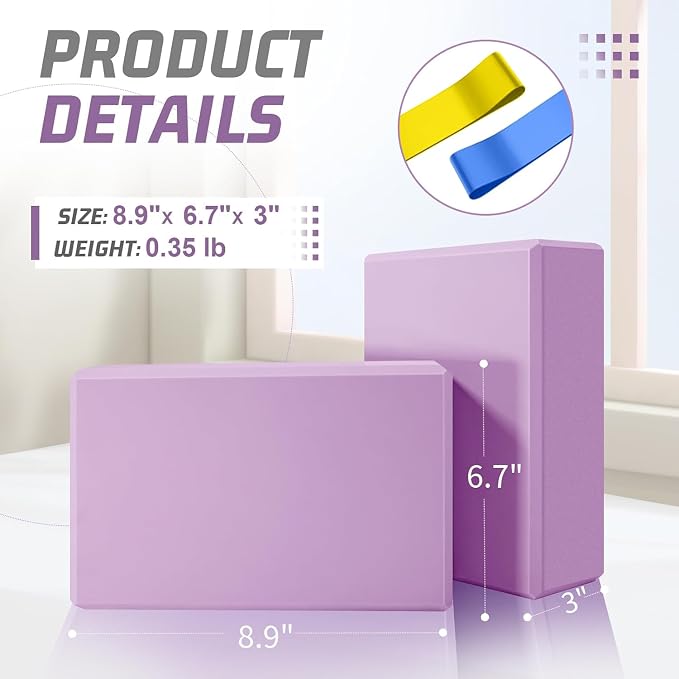 Yoga Blocks 2 Pack 3x6x9IN Foam Block Supportive Latex-Free with Stretch Band, Non-Slip Exercise Blocks for Pilates, Meditation, Balance, Stretching and Deep Poses