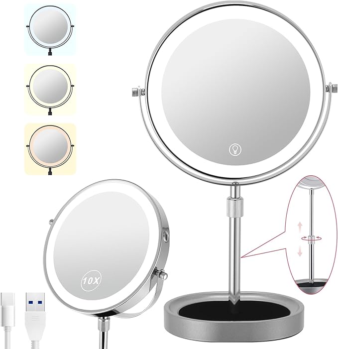 Rechargeable Adjustable-Height Lighted Vanity Mirror with 3 Color Lights, Touch Screen and Dimmable Settings 8-inch Dual-Sided 1X/10X and 360° Swivel Makeup Mirror with Jewelry Tray (Chrome)