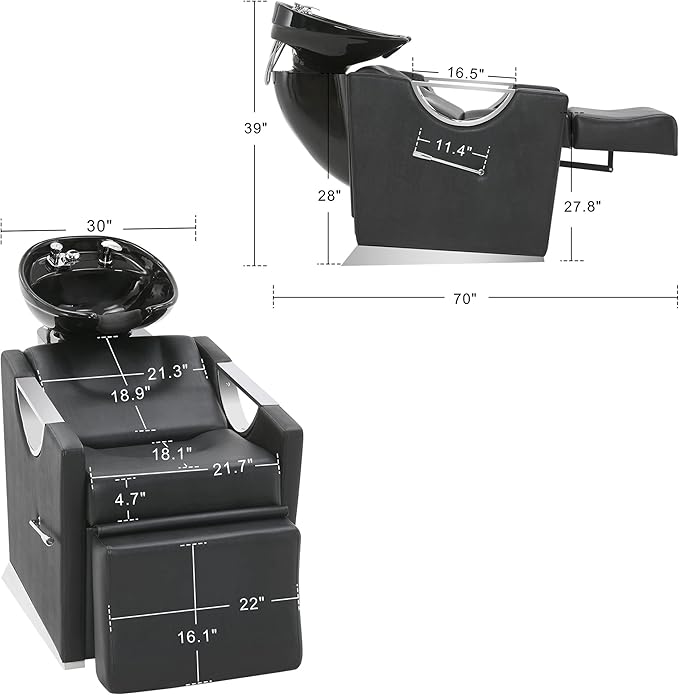 BarberPub Ceramic Bowl Shampoo Chair Extended Ceramic Shampoo Bowl Sink Chair Station for Spa Beauty Salon Professional Hair Salon Equipment 9073 (Black)