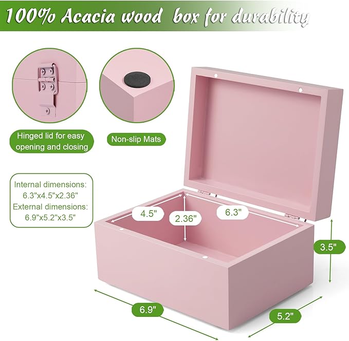 DRASTAR Wooden Box, Small Keepsake Box, Memory Box for Keepsakes, Cute Jewelry Box, Wedding Memory Box with Lids, Pink Decorative Box