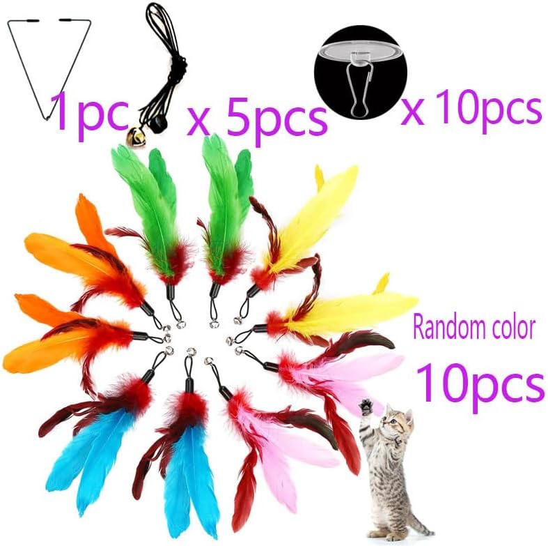 Door Hanging Cat Toys with Suction Cups, Interactive Hanging Feather & Plush Cat Toy with Bell, Assorted Replaceable Refills for Indoor Kitten Hunting Exercise (Feather Set (10Pcs))
