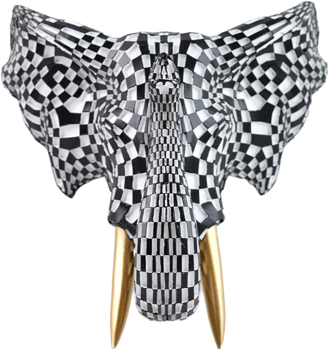 GIGICICI 9x7.8-Inch Vintage Mosaic Elephant Head Wall Sculpture Art Mount Statue for Room Bedroom Office Living Decor(Black White)