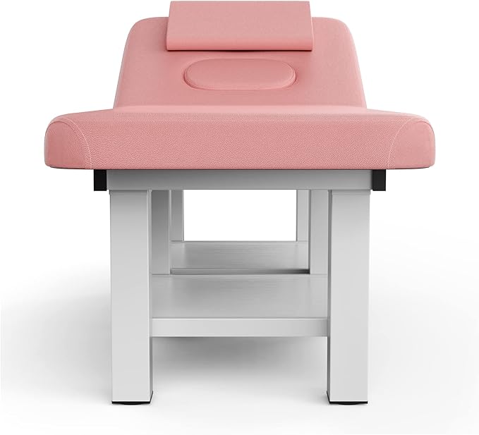 pouseayar 31.5'' Wide × 75'' Long Stationary Massage Table with Backrest and Storage Space for Treatment Table Physical Therapy Table Spa Facial Bed, 6 Square Legs Metal Frame PU Leather - Pink