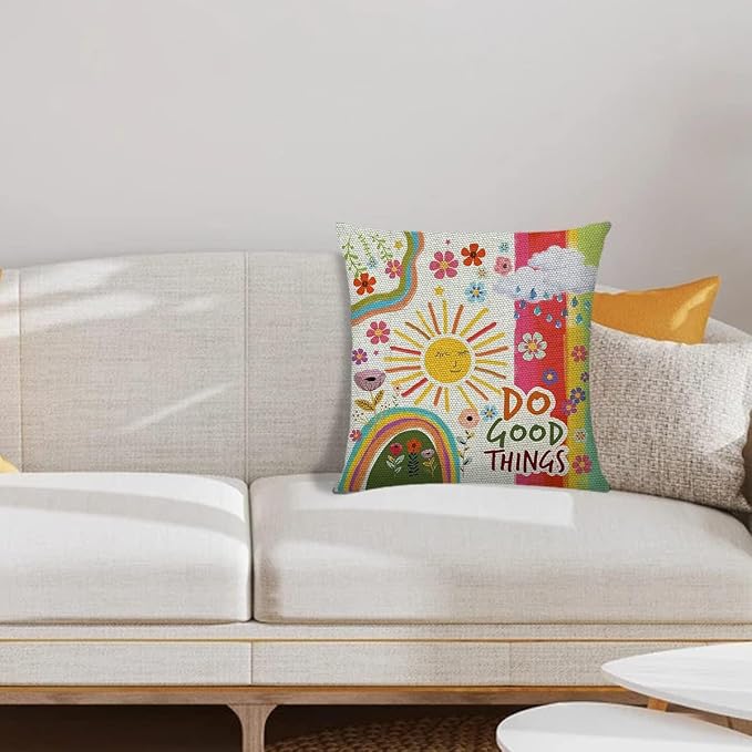 Littlefa Colour Sunshine Throw Pillow Cover Decorative Boho Pillowcase | Do Good Things Kindness Pillow Cover for Couch Sofa, Inspiring Gifts, 18×18 In