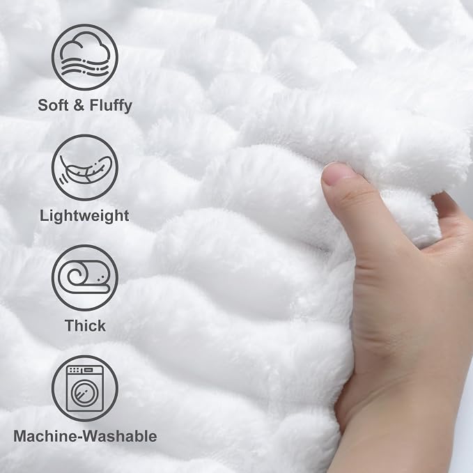 decorUhome White Fleece Throw Blanket 50x60 Inches | Soft Couch Cozy Fluffy Plush Flannel Striped Blanket for Sofa Bed, Lightweight Decorative Ribbed Fuzzy Blanket for Woman