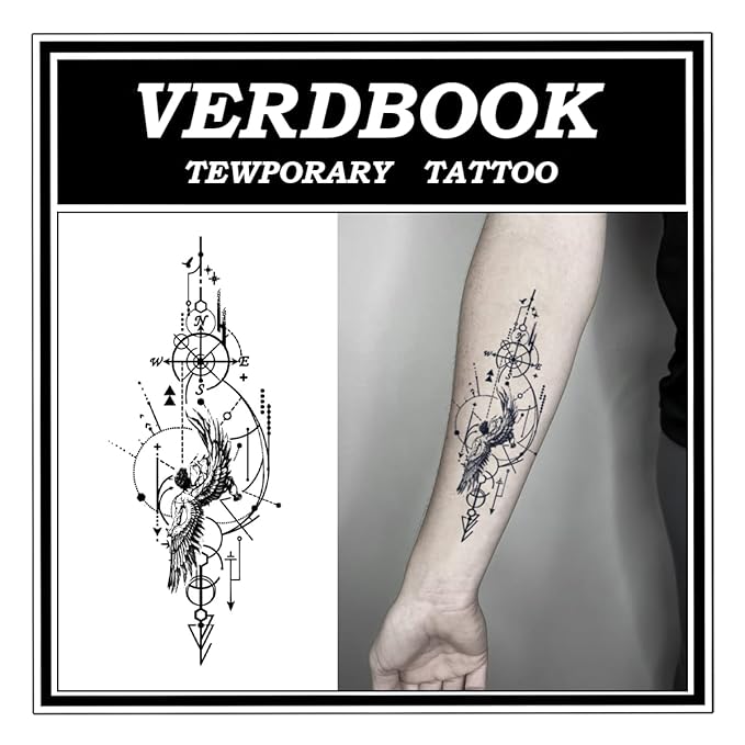 Waterproof Temporary Tattoos: 2-Sheet Tattoo Kit with Realistic Body Stickers, Semi-Permanent Tattoos for Adults Lasting 7-15 Days – Safe for Men & Women, Winged Wayfinder