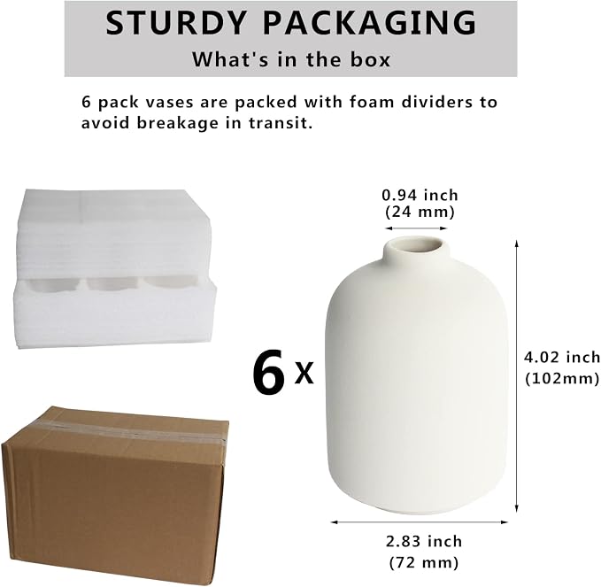 YANLING Small White Vase for Decor, 6 Pack Ceramic Vases for Pampas Grass | Boho Vase for Home Decor White Vases for Flowers, Modern Ceramic Vase Dried Flowers Vases