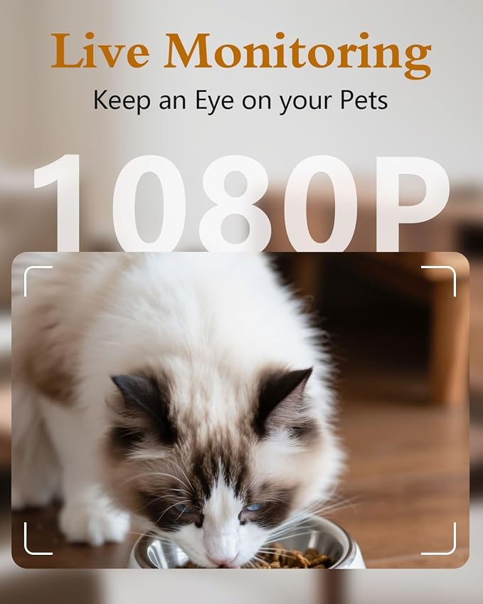 Yakry Automatic Cat Feeder with Camera - HD 1080P Video with Night Vision | 5GHz WiFi Easy Setup App Control Cat Dry Food Dispenser with Stainless Steel Bowl, 4L/17 Cups Capacity for Small Pets Indoor