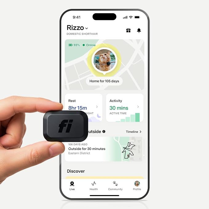 Fi Mini Attachable GPS + Activity Tracker for Cats, 6-Month Membership | Smart GPS collar attachment with virtual fences, escape alerts, health and step tracking. Lightweight and waterproof.