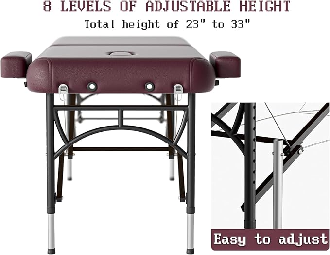 Professional Massage Table Portable 2 Fold Premium Memory Foam Aluminium Leg Hold Up to 1100LBS 8 Heights Adjustable with Carrying Bag Burgundy