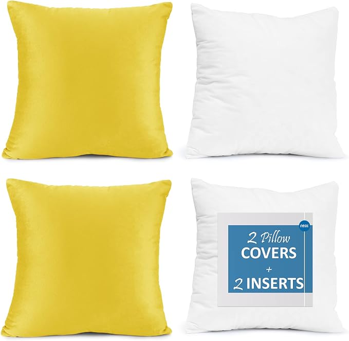 Throw Pillow Inserts Pack of 2 with Velvet Soft Solid Decorative Square Throw Pillow Covers Set for Sofa Couch Car Bedroom, 26X26 Throw Pillows Inserts with 24x24 Washable Cushion Covers, Yellow