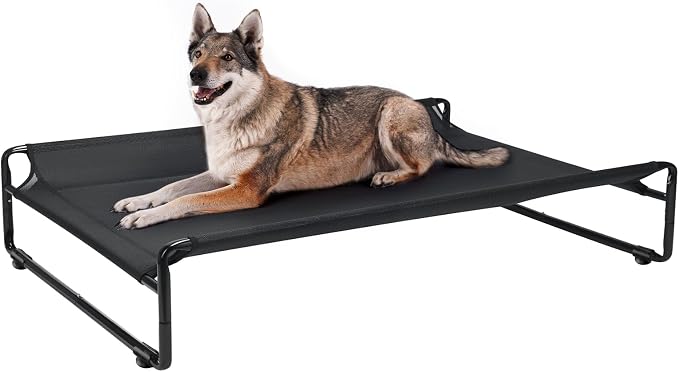 Veehoo Outdoor Elevated Dog Bed, Cooling Raised Dog Beds for Large Dogs | Washable Dog Cot with Headrest Sides, Non-Skid Feet, Breathable Mesh, Cooling Pet Hammock for Indoor or Camping, 47", Black
