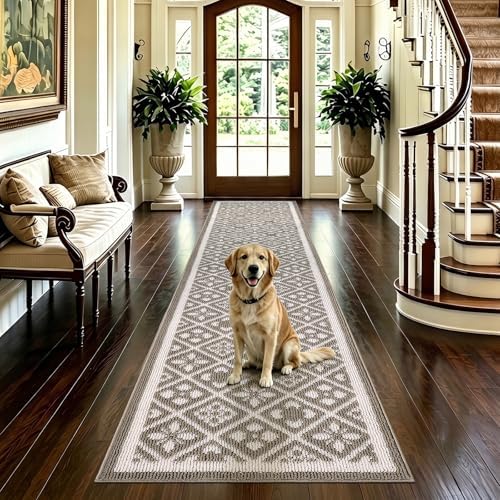 Ileading Hallway Runner Rug 2x10 ft,Washable Indoor Brown Entryway Carpet with Non Slip Rubber Backing,Low Pile Heavy Duty Kitchen Floor Mat for Entrance & High Traffic Areas
