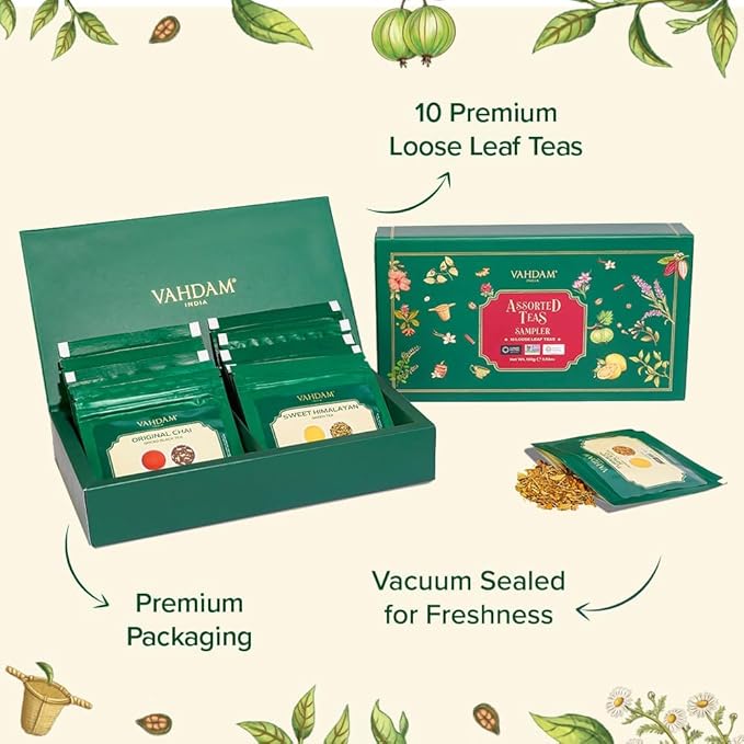 VAHDAM Top 10 Favourites Tea Sampler Set | Loose Leaf Tea (50+ Cups) | Tea Variety Pack with Green, Herbal, Black & Chai Brew | Vacuum Sealed For Freshness | Brew Hot & Col