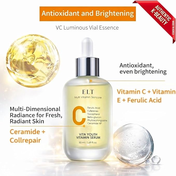 ELT Vita Youth Vitamin C Face Serum 1.69fl.oz.(50ml) -Korean Ferulic Acid, Beta-Glucan - Skin Brightening, Anti-Aging, Dark Spot Remover - K-Beauty Skincare (Pack of 1)
