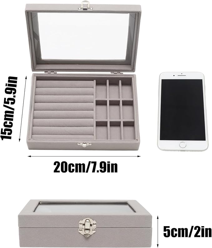 Small Velvet Jewelry Tray with Clear Lid, 2-in-1 Gray | Lockable Ring Earring Holder Organizer Storage Box Case Jewelry Box Organizer for Rings Earrings Bracelets Brooches