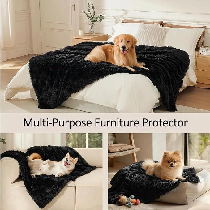 Waterproof Dog Blanket Pet Throw Blankets Fluffy Long Faux Fur Reversible Puppy Blankets 85x57in Furniture Protector Cover for Sofa Bed Couch Bed Cover Washable for Dogs Cats (Black XL)