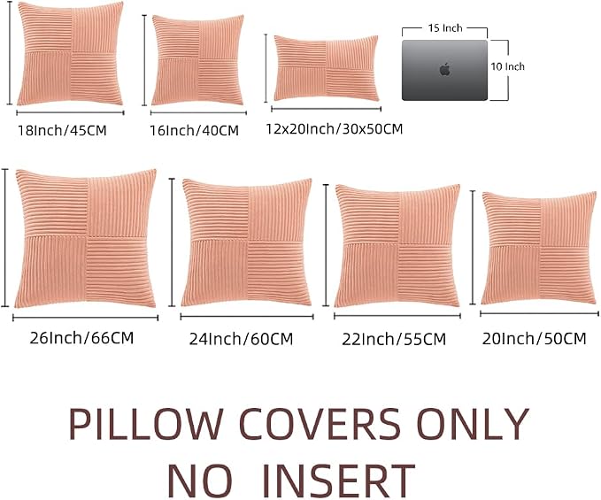 Fancy Homi Coral Decorative Throw Pillow Covers 20x20 Inch for Living Room Couch Bed Sofa, Rustic Farmhouse Boho Home Decor, Soft Corss Corduroy Patchwork Accent Peach Cushion Case 50x50 cm