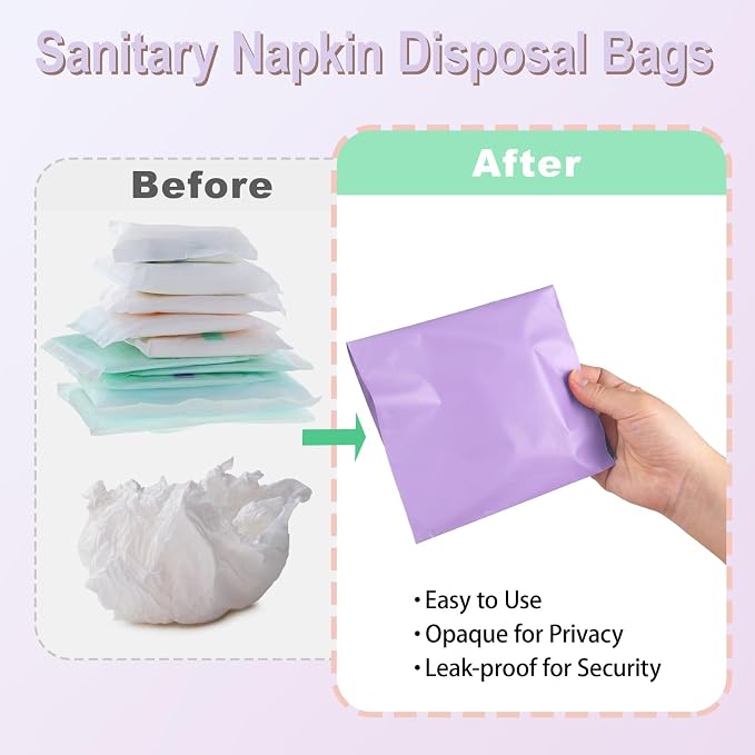 100 PCS Sanitary Napkin Disposal Bags, Feminine Hygiene Disposal Bags for Tampons and Pads, Block Odors, Self-Sealing Seals, 10.6 * 5.9 Inch (Purple)
