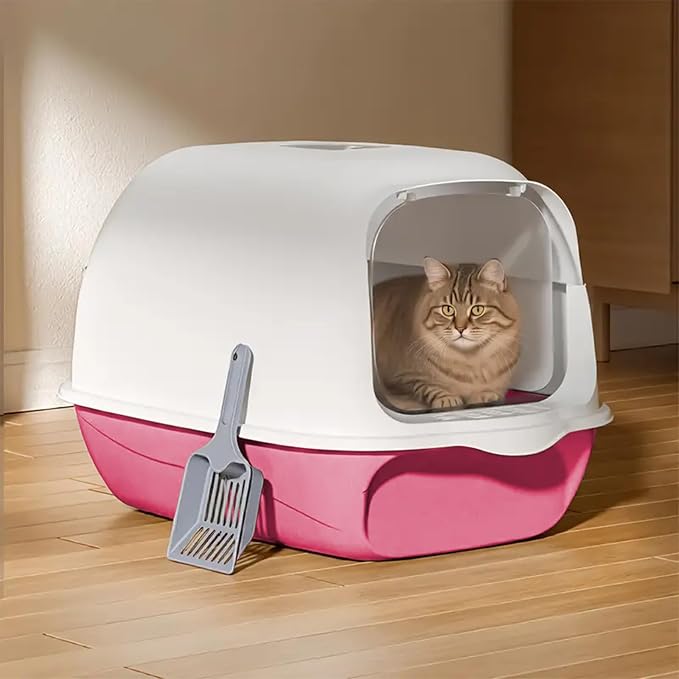 Large Enclosed Cat Litter Box with Lid, Scoop, Kitty Covered Litter Boxes | Pink Litter Pan Enclosed Potty, Anti-Splashing Toilet, For Cats Litterbox Including Scoop For Indoor Use Cat Owners Gifts