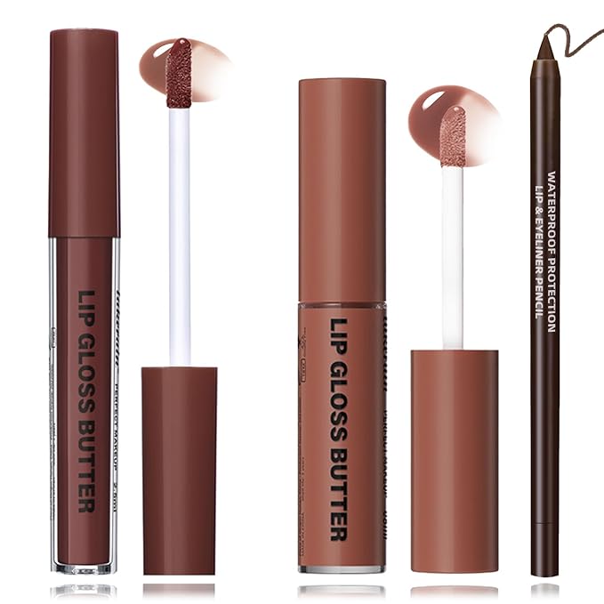 2 Colors Nourishing Lip Gloss & Liner Combo, Non-Sticky Lip Plumper with Natural Nude Tinted Lip Oil, Moisturizing Lightweight Lip Kit for Women, Long Wear Shiny Lip Gloss with Lip Liner Set