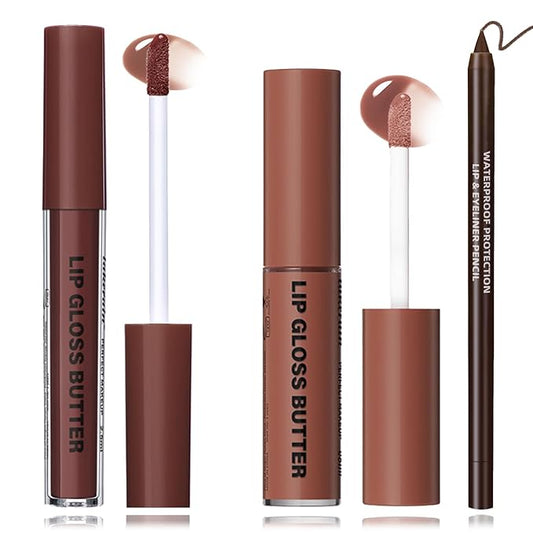 2 Colors Nourishing Lip Gloss & Liner Combo, Non-Sticky Lip Plumper with Natural Nude Tinted Lip Oil, Moisturizing Lightweight Lip Kit for Women, Long Wear Shiny Lip Gloss with Lip Liner Set