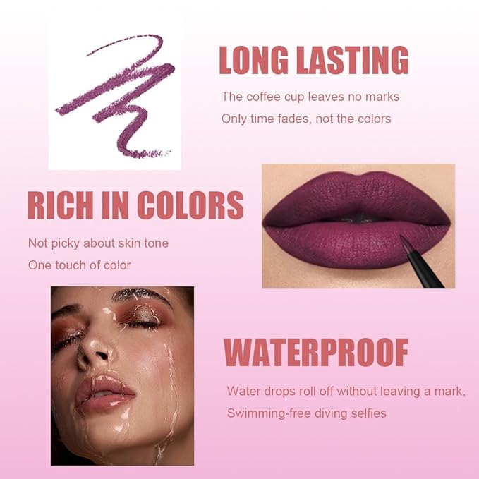 Gel Lip Liner Pencil for Women, Mauve Matte Long Lasting Lip Liner Lipstick 24 Hour, High Pigmented Lips Makeup Retractable Liners Waterproof Smudge Proof, Vegan & Cruelty-Free 08