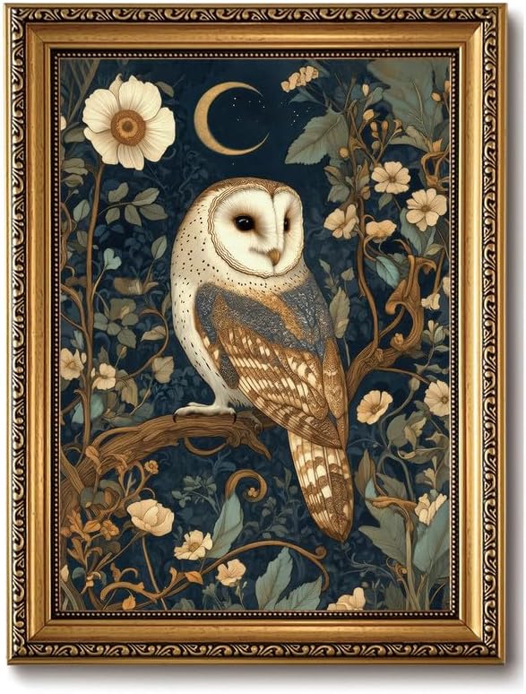 ZLPLLHA Barn Owl Gold Framed Wall Art William Morris Pictures Wall Decor | Dark Academia Animals Canvas Art Vintage Woodland Paintings Wall Decor Cottagecore Art Prints for Bedroom Living Room