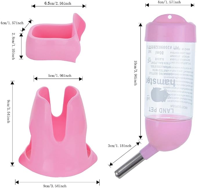 Guardians Hamster Water Bottle, Little Pet Automatic Drinking Bottle with Food Container Base Hut Hanging Water Feeding Bottles Auto Dispenser for Small Animals(80ml,Pink)