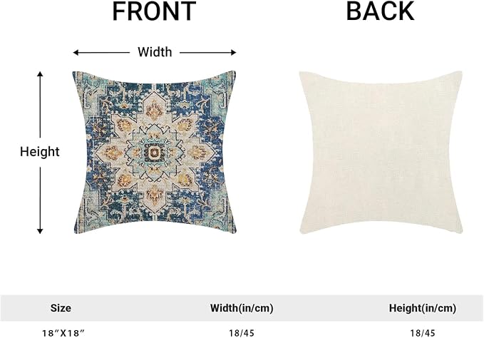 AEIOAE Boho Pillow Covers 18x18 Inch Set of 2,Carpet Pattern Throw Pillows Case,Blue Yellow Ethnic Design Outdoor Decorative Square Linen Farmhouse Decor Cushion Covers for Home Sofa Bed Couch