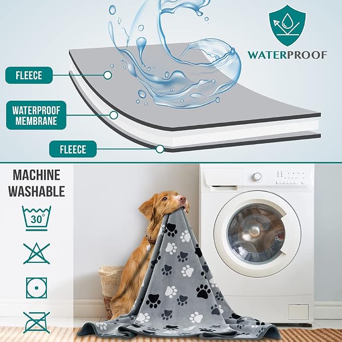 PetAmi Waterproof Dog Blanket for Small Medium Dogs Cats, Pee Proof Reversible Cat Blanket for Kitten Puppy, Soft Fleece Washable Pet Throw for Couch Car Crate Liner, 29x40 Paw Print Gray