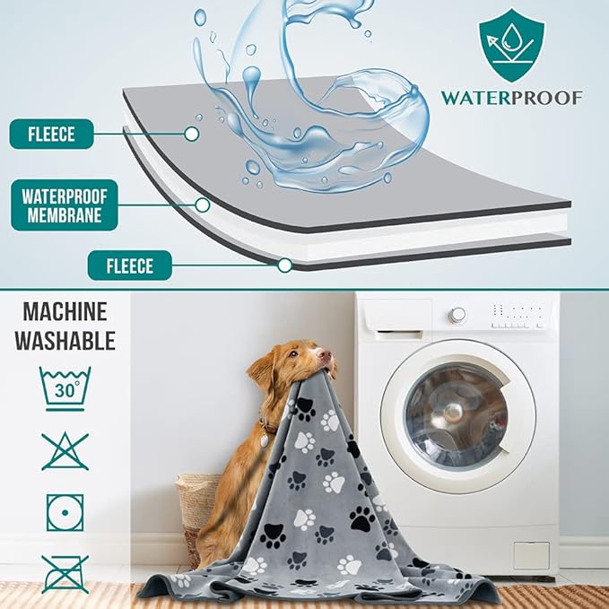 PetAmi Waterproof Dog Blanket for Couch, Pee Proof Reversible Cat Blanket for Sofa Bed Furniture Protector, Soft Fleece Washable Pet Throw for Dogs Cats Puppies Kittens, 60x80 Paw Print Gray