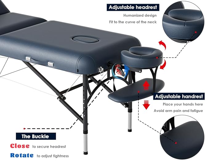 CLORIS 84" Professional Massage Table Portable 3 Folding Lightweight Facial Salon Spa Tattoo Bed Height Adjustable with Carrying Bag & Aluminium Leg Hold Up to 1100LBS Blue