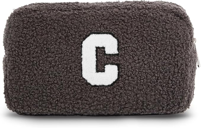 Cute Makeup Bag, Initial Cosmetic Bag, Fuzzy Makeup Bags for Women, Beauty Pouch with Chenille Letter, Personalized Cosmetic Pouch for Travel, Dark Grey C