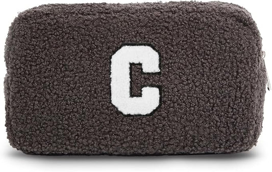 Cute Makeup Bag, Initial Cosmetic Bag, Fuzzy Makeup Bags for Women, Beauty Pouch with Chenille Letter, Personalized Cosmetic Pouch for Travel, Dark Grey C