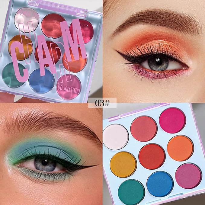 9-Color Rainbow Eyeshadow Palette – Blendable Matte Brights in Pink, Yellow, Blue & Green – Waterproof, Long-Wear, Perfect for Creative or Party Makeup 03#