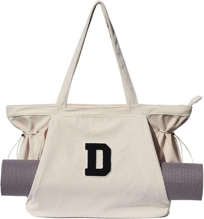 ESVAN Corduroy Yoga Tote Bag Gifts for Women Drawstring Yoga Mat Bag for Office Workout Travel Carryall Pilates Gym