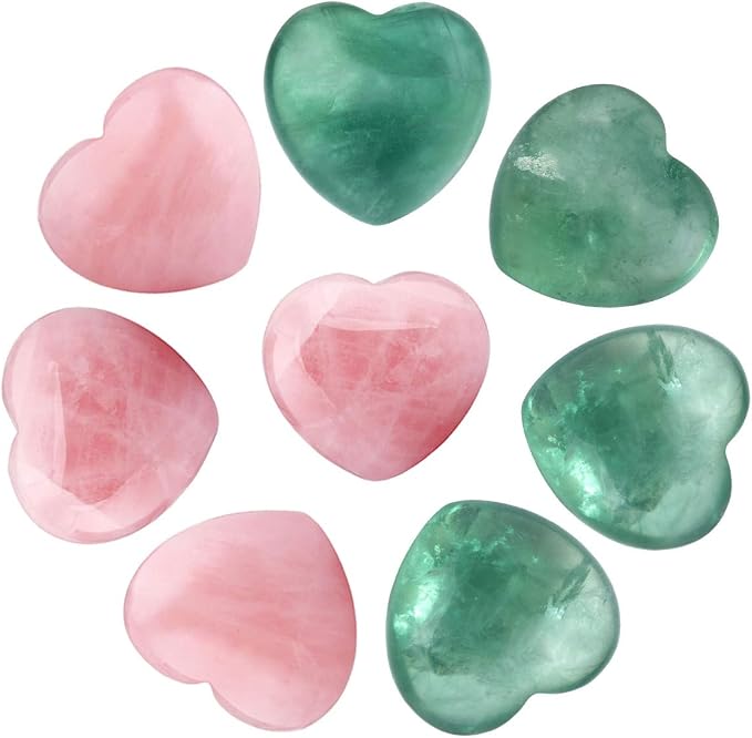 SUNYIK Assorted Natural Gemstones Carved Puff Heart Pocket Stone Set, Healing Palm Crystal Set for Christmas, Pack of 8(1")