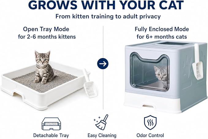 Medario Cat Litter Box with Litter Mat and Scoop(Blue) | Large Covered Litter Box with Lid, Enclosed Kitty Box, Front Entry Top Exit, Odor Control, Easy to Clean