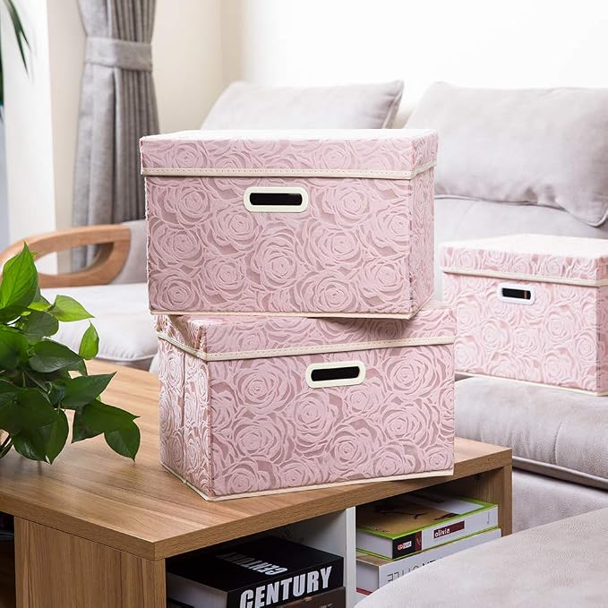 Collapsible Storage Boxes with Lids Fabric Decorative Storage Bins Cubes Organizer Containers Baskets with Cover Handles Divider for Bedroom Closet Living Room 14.9x9.8x9.8 Inch 3 Pack