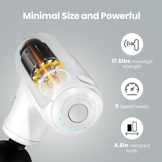Super Mini Massage Gun Deep Tissue, Handheld Muscle Massager with 4 Heads, Percussion Travel Size Massager Gun for Back Pain Relief, Quiet for Home, Gym, Office, Gift for Men & Women, White