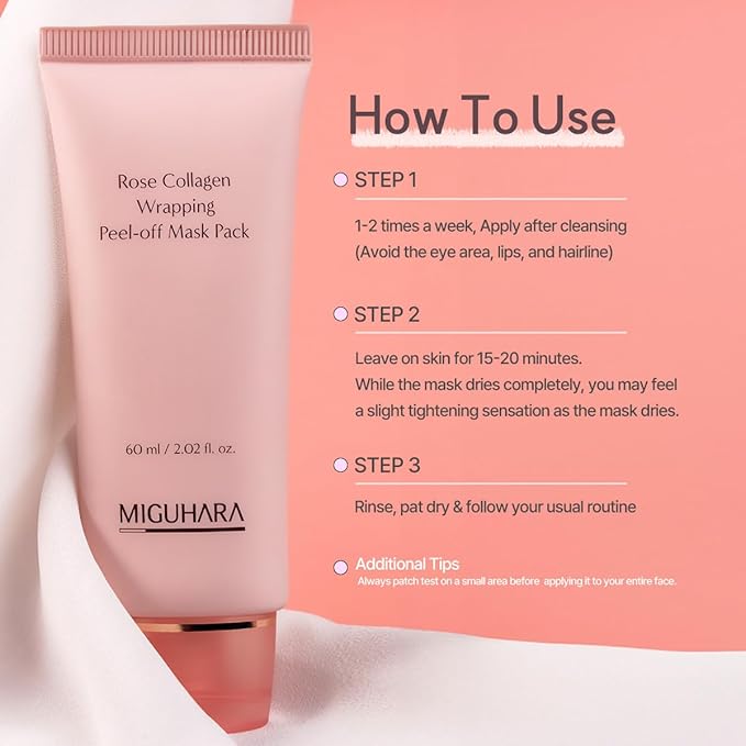MIGUHARA Rose Collagen Wrapping Peel-Off Mask Pack, Facial Mask with Damask Rose Water, Hydrolyzed Collagen & Botanical Fruit Extracts for Hydrated, Glowing Look & Korean Glass Skin (60ml/2.02 fl.oz.)