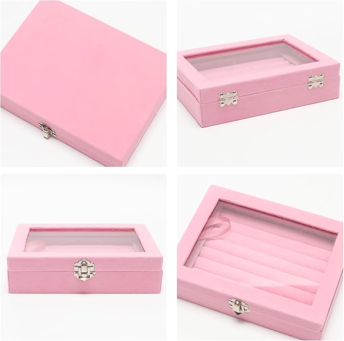 Small Velvet Jewelry Tray with Clear Lid, 8 Rolls Pink | Lockable Ring Earring Holder Organizer Storage Box Case Jewelry Box Organizer for Rings Earrings Bracelets Brooches