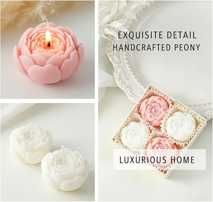 Flower Candles, Scented Floral Candle Rose Peony(White & Pink) | 4-Pack Handmade Aromatherapy for Spa Party Wedding Home Decor