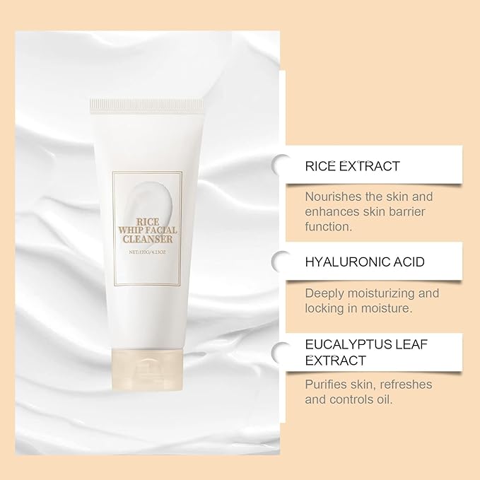 Rice Facial Cleanser, Gentle Foaming Cleanser, Controls Oil, Moisturizes and Hydrates, Nourishes Skin, Cleanses Pores, Gentle Formula Suitable for All Skin Types, Korean Skincare Product, 4.23 Oz