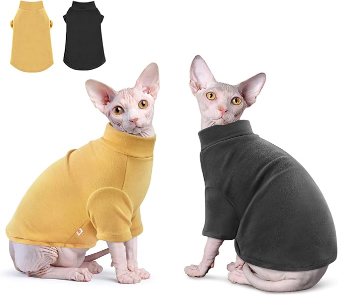 Idepet Sphynx Cats Sweater 2 Pack,Turtleneck Hairless Cat Shirt Soft and Warm Kitten Clothes with Sleeves Pullover Pet Winter Pajamas Jumpsuit for Cat Puppy (Black&Yellow, XX-Large)