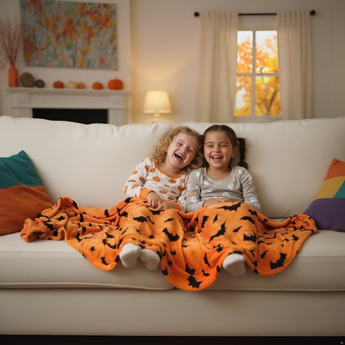 Halloween Fleece Throw Blanket, Black Bats on Orange background, 50x70 in | Ultra-soft cozy flannel fleece, for sofa couch bed chair & dorms, spooky Halloween décor, durable and machine washable.