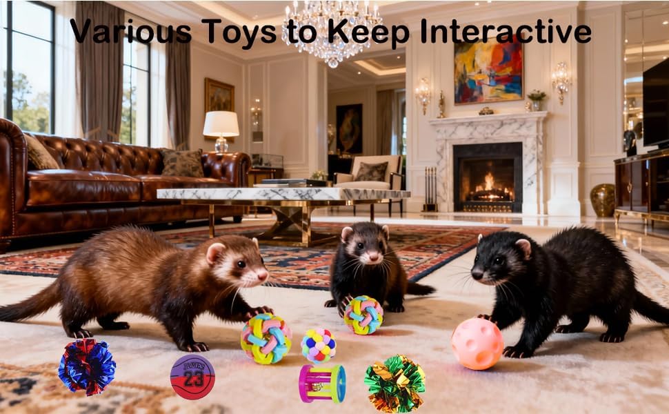 12 pcs Ferret Squeaky Toys Balls Squeaker Toys Teething Chewing Toy Colorful Bouncy Rubber Bell Balls Mylar Crinkle Interactive Sound Exercise Scratch Chew Toy for Ferrets Pet Cat Dog